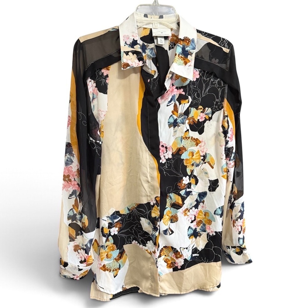 3.1 Phillip Lim Target Shirt Womens XL Multicolor Floral Sheer Mixed Media Chic